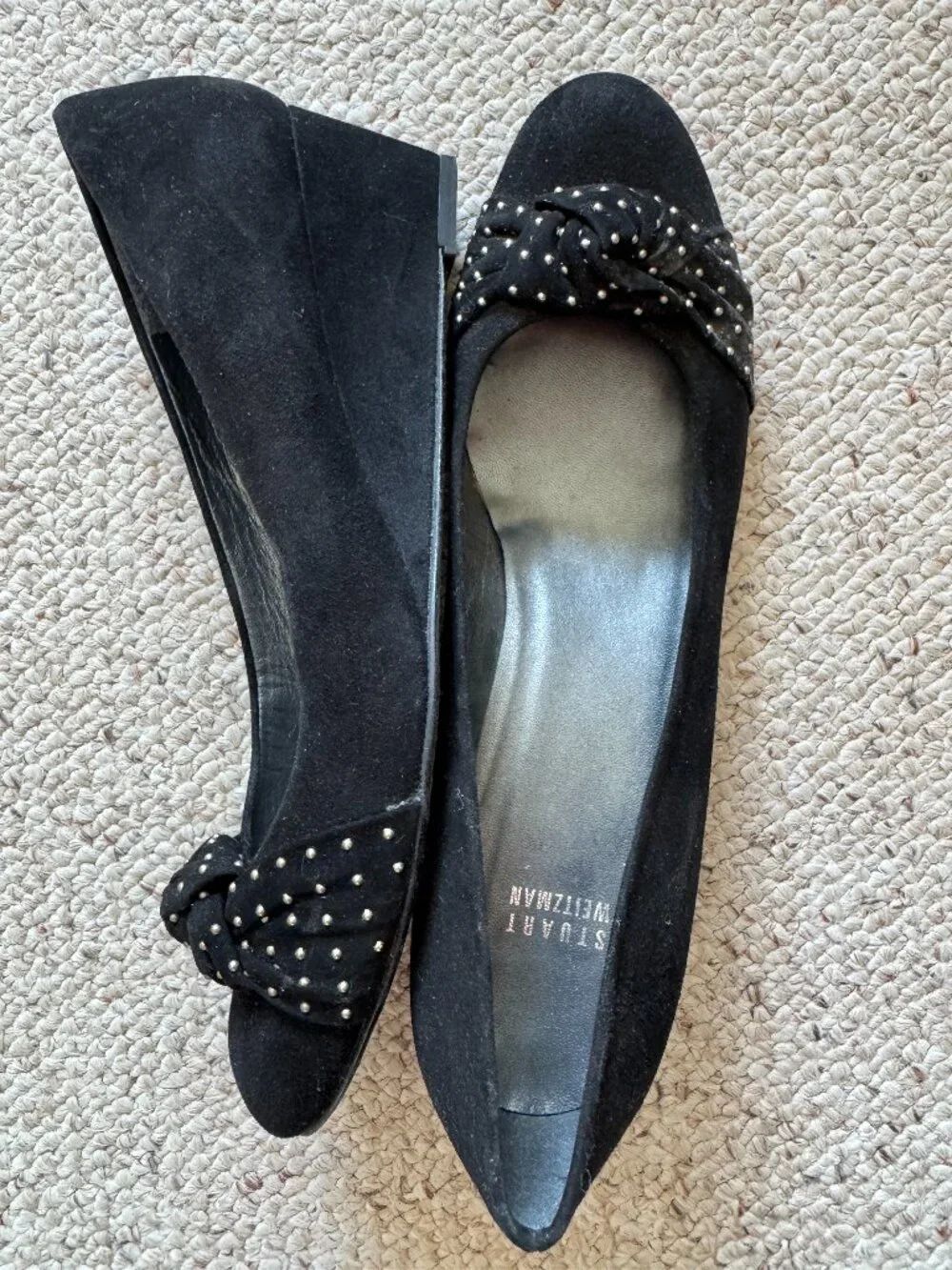Stuart Weitzman Black Suede Wedge Studded Knot Toe Shoe Sz 10 N